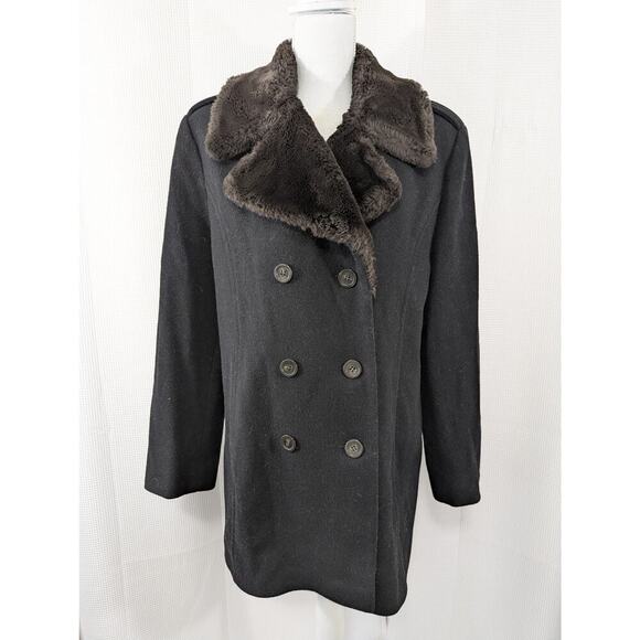 LARRY LEVINE! RICH BLACK DOUBLE BREASTED FAUX FUR COLLAR PEACOAT, JACKET! SZ 12 - Picture 2 of 10